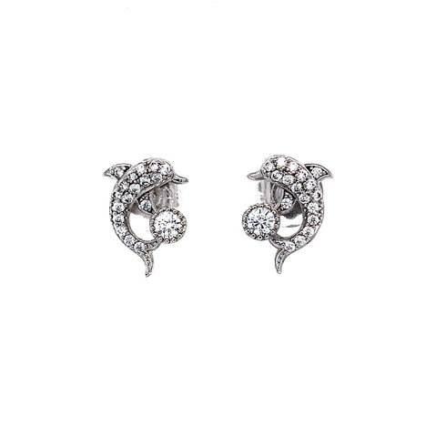 The Dolphin Charm Stud Earrings, named for their zirconia stone adornments in white gold filled settings, showcase a dazzling design with a ball elegantly nestled between the tails. They are beautifully presented on a pristine white background.